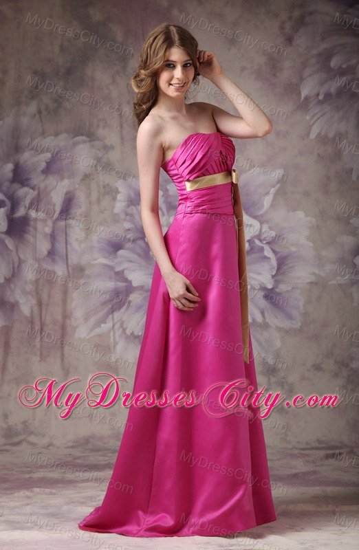 Long Ruched Hot Pink Bridesmaid Dress with Champagne Sash