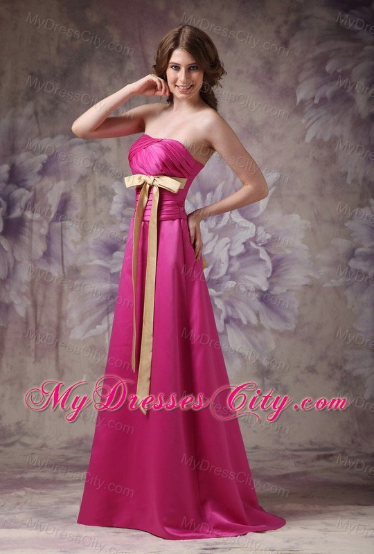 Long Ruched Hot Pink Bridesmaid Dress with Champagne Sash