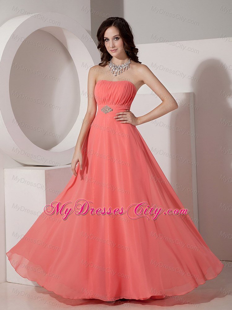 Ruched and Beaded Long Watermelon Chiffon Bridesmaid Dress