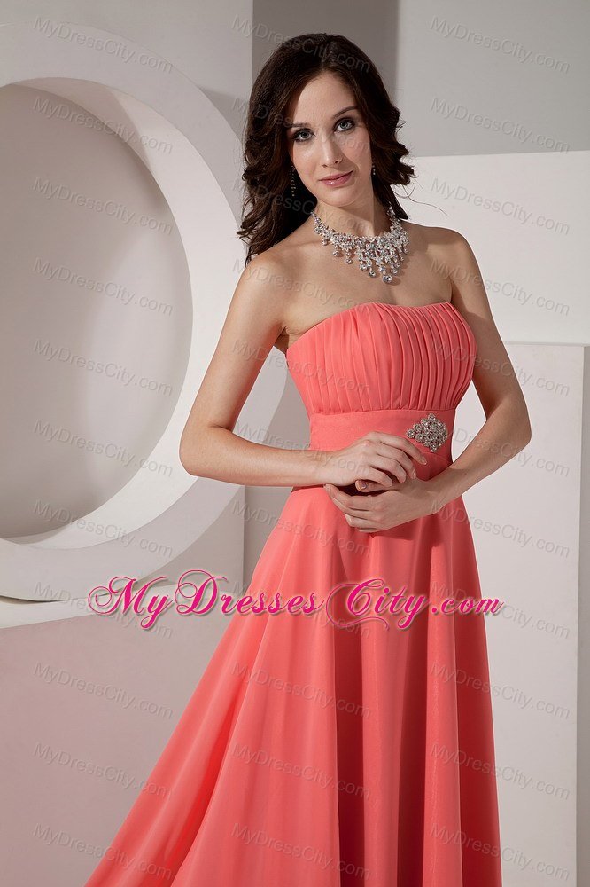 Ruched and Beaded Long Watermelon Chiffon Bridesmaid Dress