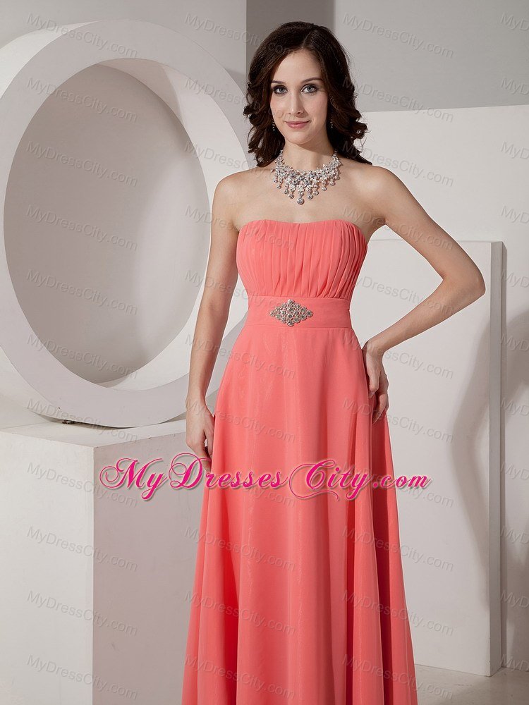 Ruched and Beaded Long Watermelon Chiffon Bridesmaid Dress