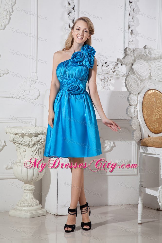 Exquisite Short Flowery and Ruched Sky Blue Bridesmaid Dress