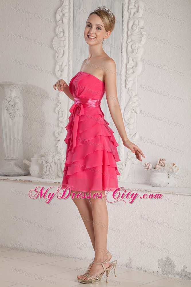 Elegant Short Ruched and Layered Hot Pink Bridesmaid Dress