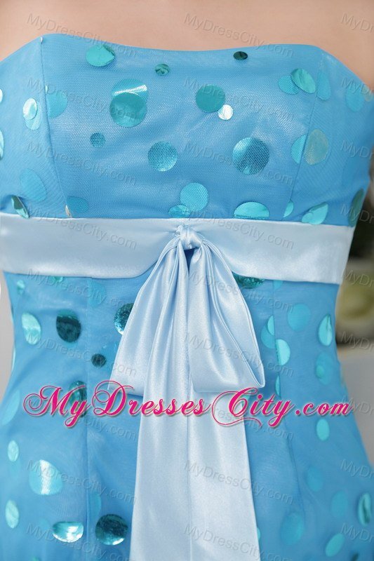 Strapless Short Polka Sash Blue Dress for Bridesmaid