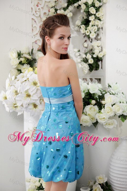 Strapless Short Polka Sash Blue Dress for Bridesmaid