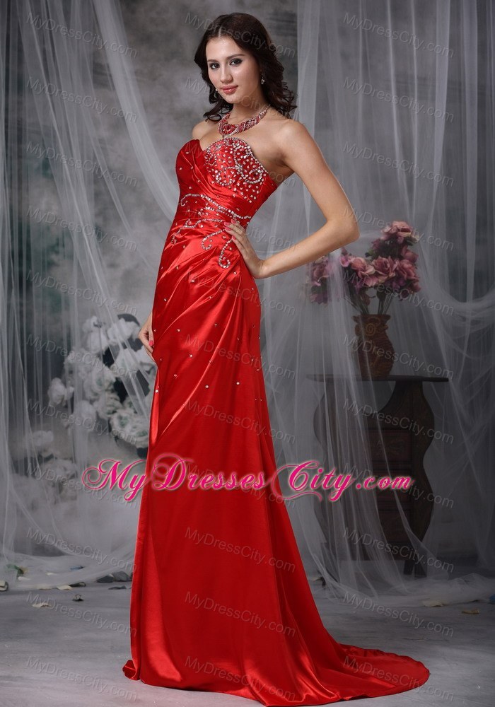 Red Sweetheart Brush Train Taffeta Beading Prom Dress