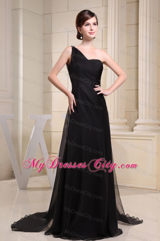 One Shoulder Black Prom Dress With Brush Train