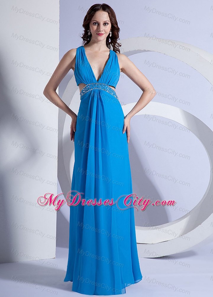 Sexy Blue Empire V-neck Long Prom Dress Beaded