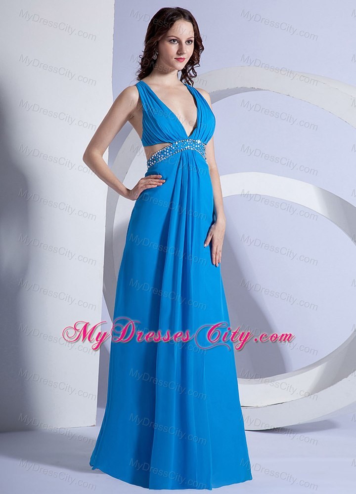 Sexy Blue Empire V-neck Long Prom Dress Beaded