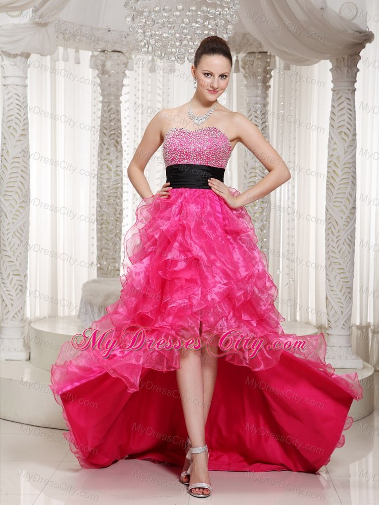 Hot Pink Beaded High-low Evening Dress with Black Belt
