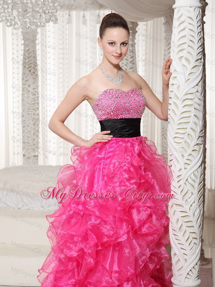 Hot Pink Beaded High-low Evening Dress with Black Belt