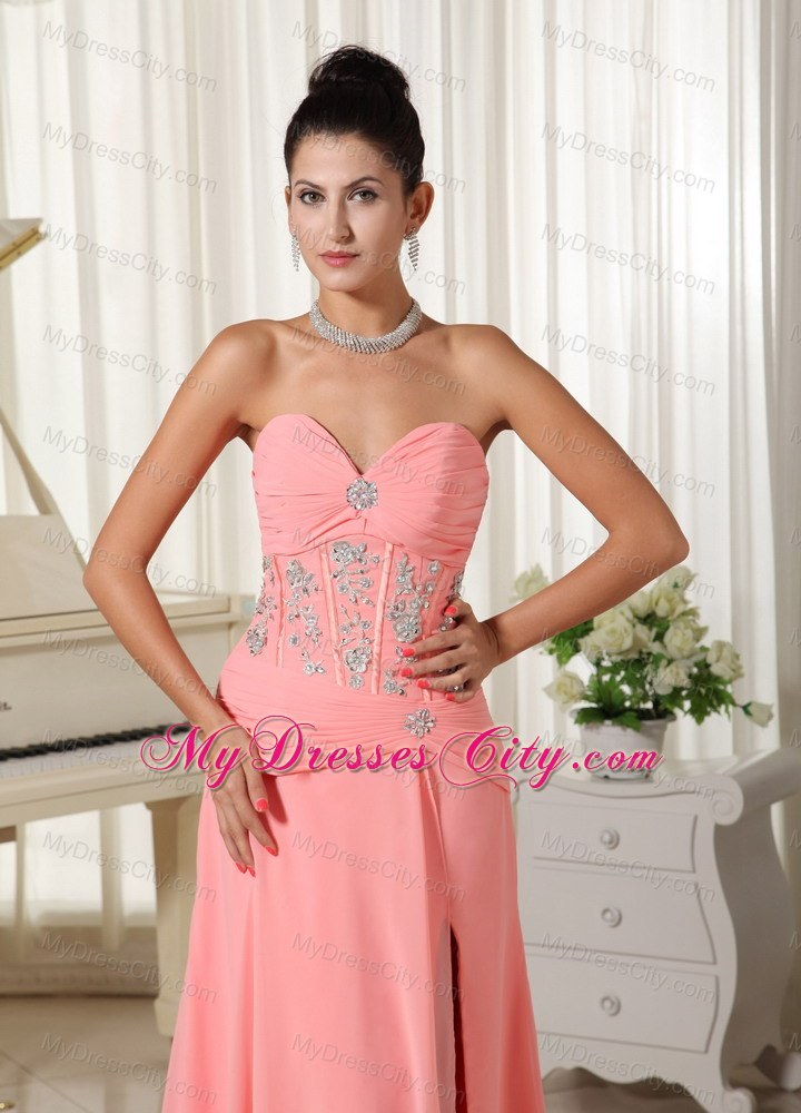 Peach Pink Slinky Sweetheart Prom Gown Dress with Slit