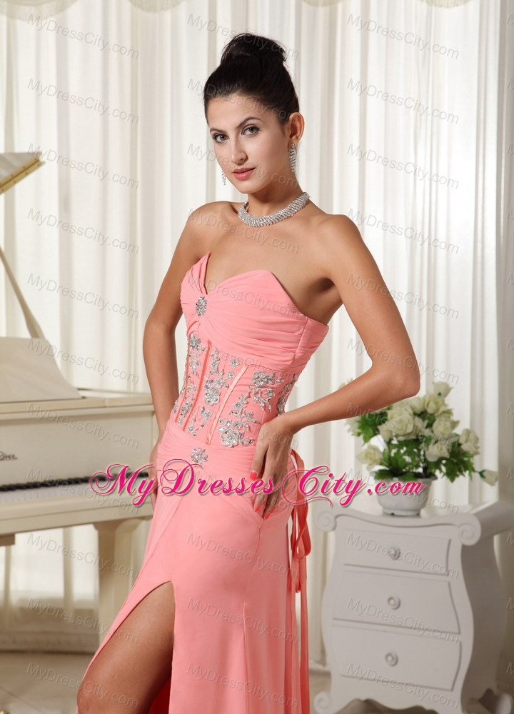 Peach Pink Slinky Sweetheart Prom Gown Dress with Slit