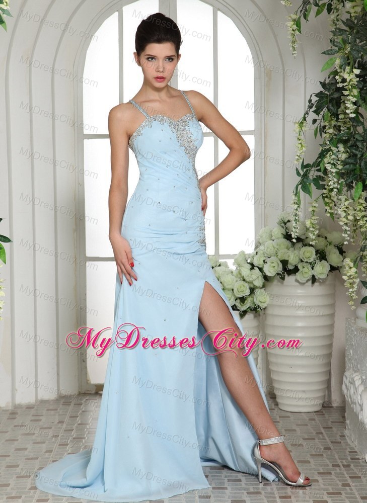 Light Blue Spaghetti Straps Beaded High Slit Prom Dress