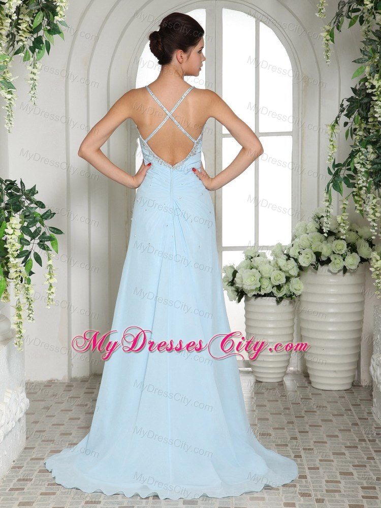 Light Blue Spaghetti Straps Beaded High Slit Prom Dress