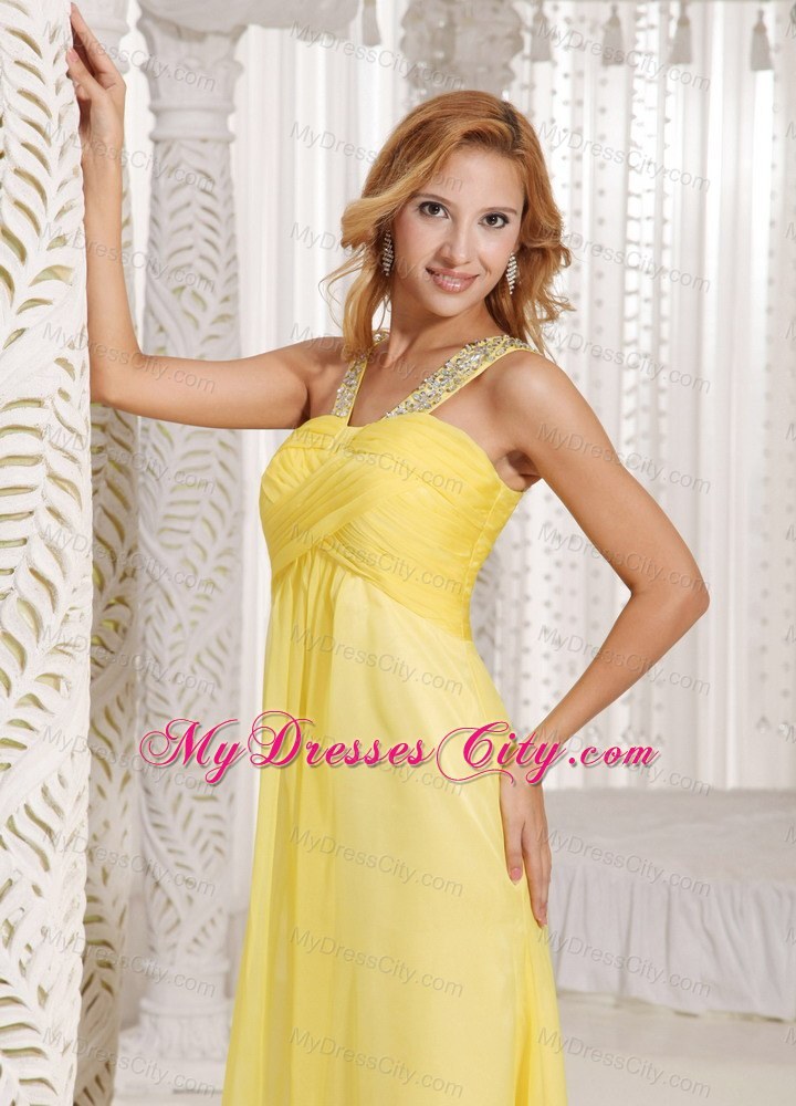 Light Yellow Beaded Straps Ruched Bodice Prom Dress