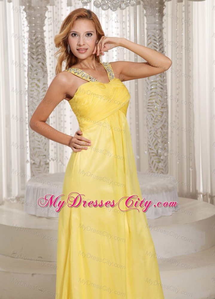 Light Yellow Beaded Straps Ruched Bodice Prom Dress