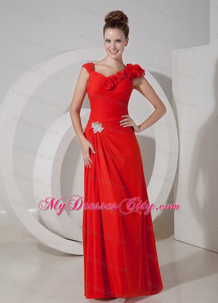 Red V-neck Chiffon Flower Evening Dress with Appliques