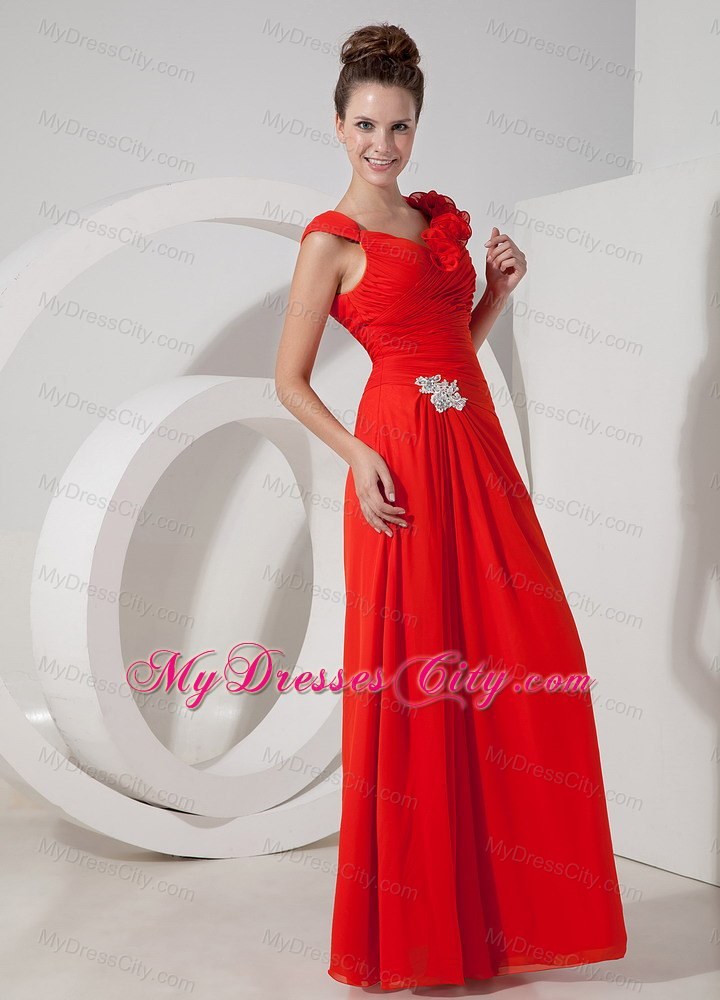 Red V-neck Chiffon Flower Evening Dress with Appliques