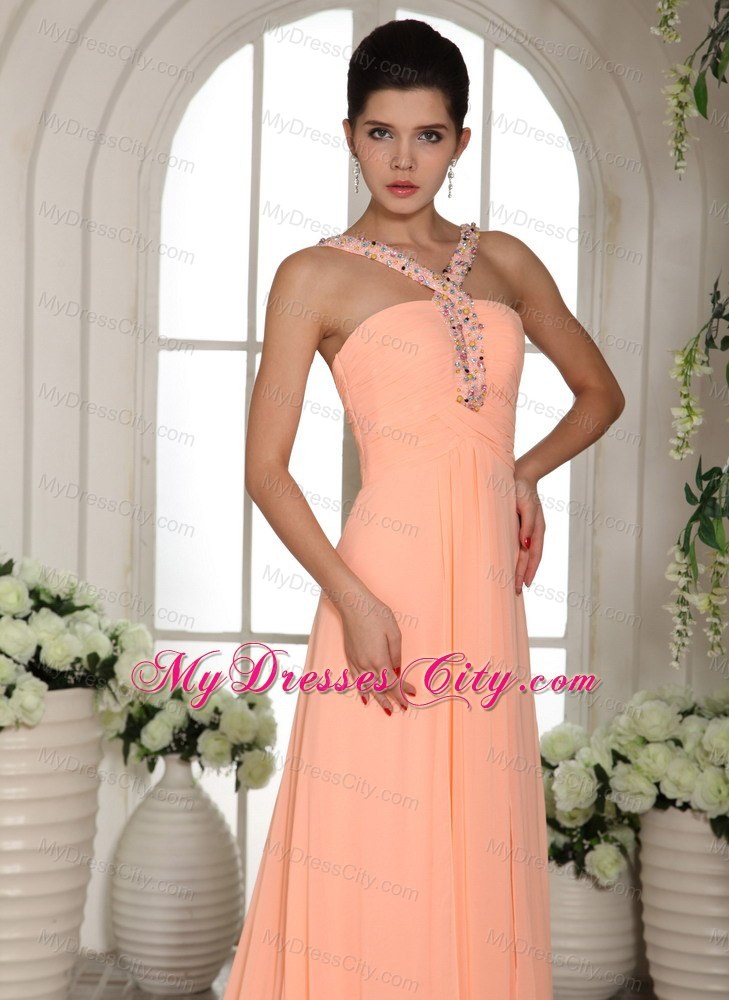 Beaded Straps Baby Pink Ruched Prom Dress with Court Train