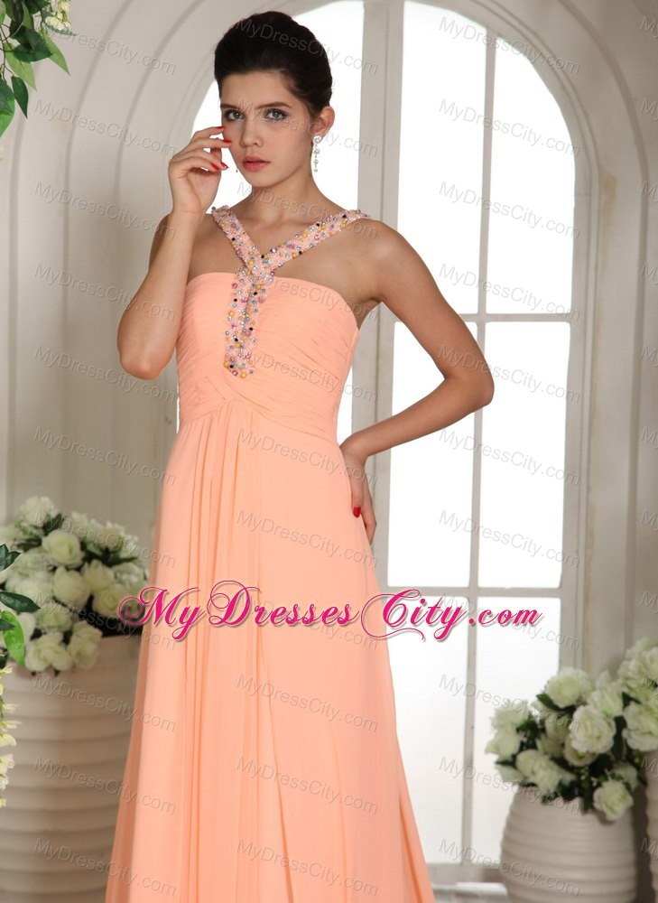 Beaded Straps Baby Pink Ruched Prom Dress with Court Train