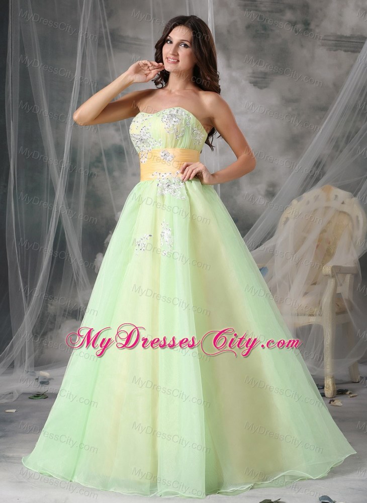 Yellow Green Organza Appliques A-line Prom Dress with Sash