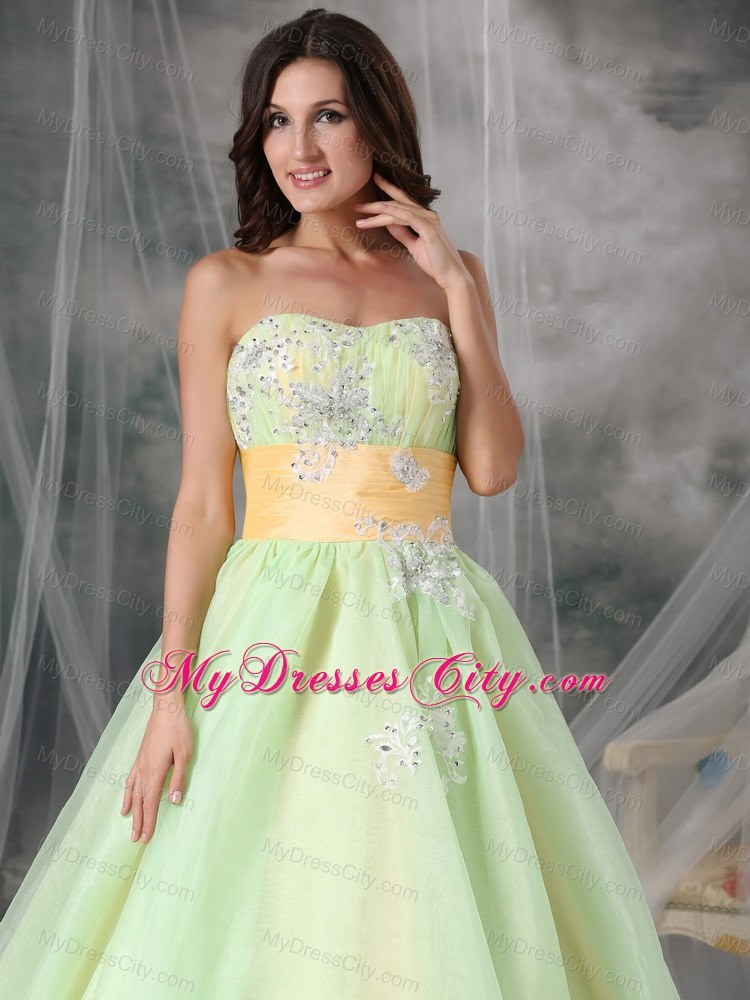 Yellow Green Organza Appliques A-line Prom Dress with Sash