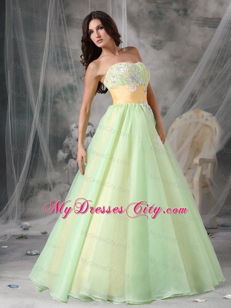 Yellow Green Organza Appliques A-line Prom Dress with Sash