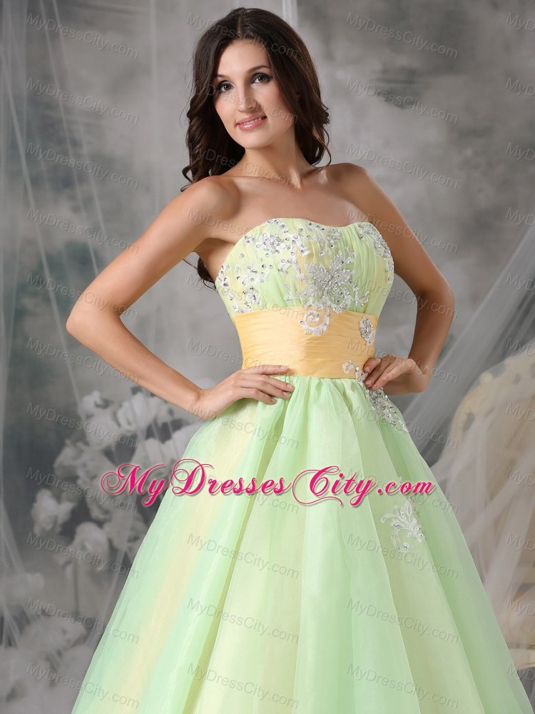 Yellow Green Organza Appliques A-line Prom Dress with Sash