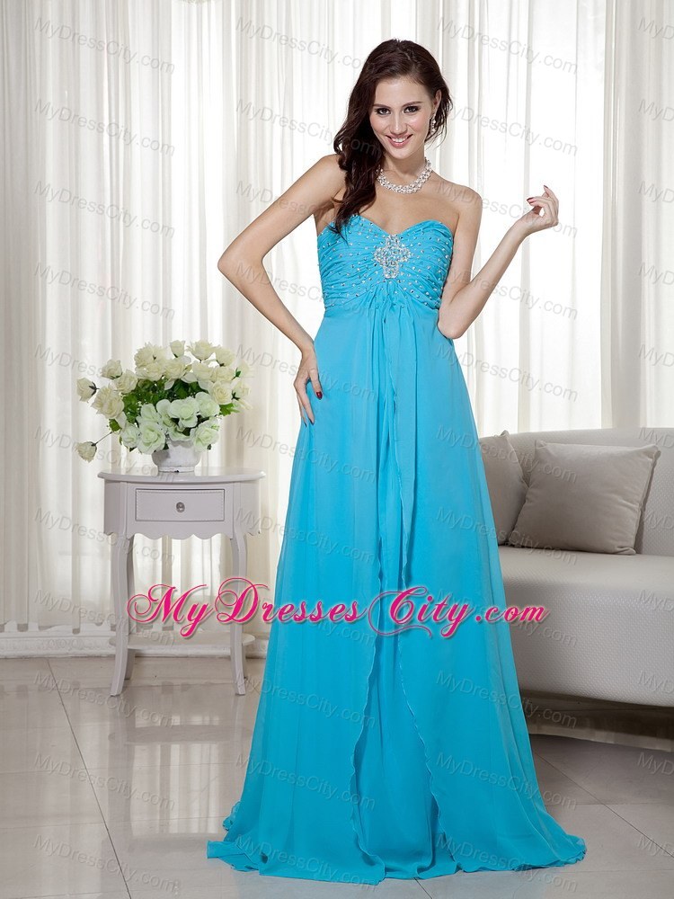Brush Train Teal Chiffon Sweetheart Prom Dress Beaded 2013