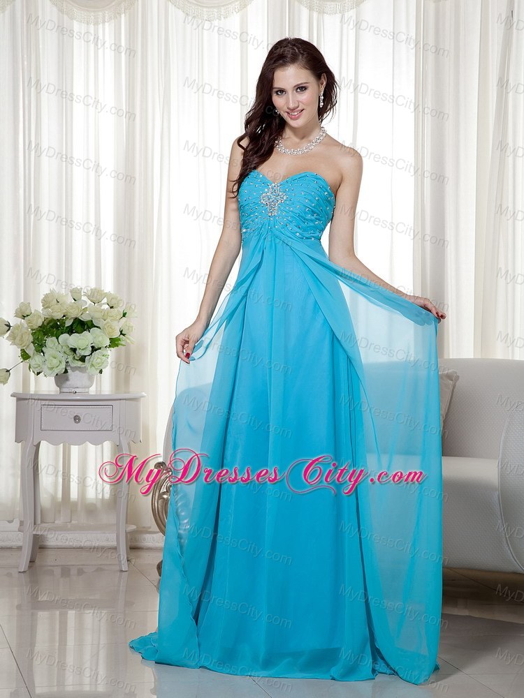 Brush Train Teal Chiffon Sweetheart Prom Dress Beaded 2013