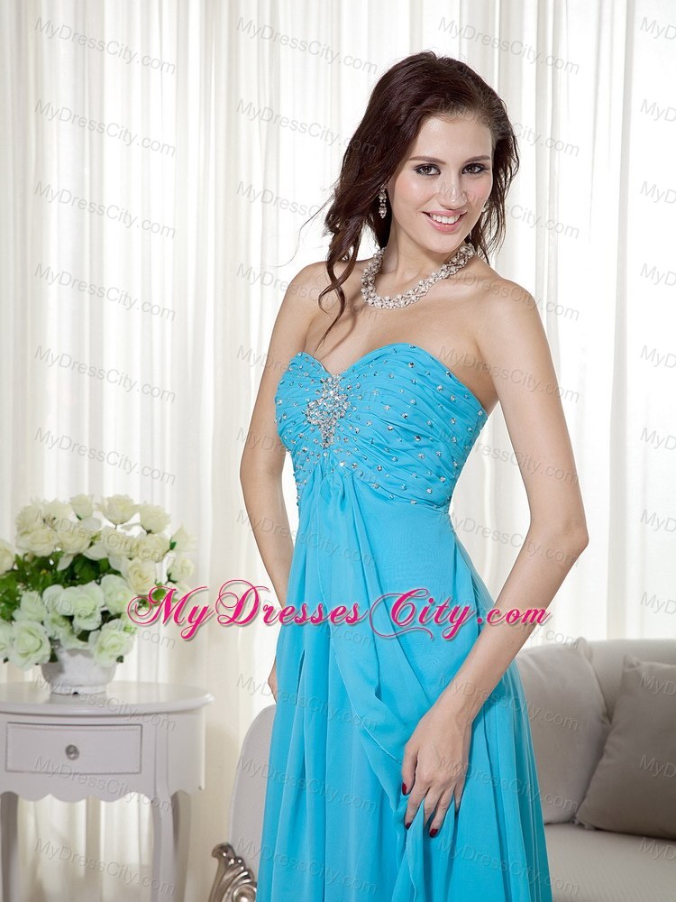 Brush Train Teal Chiffon Sweetheart Prom Dress Beaded 2013