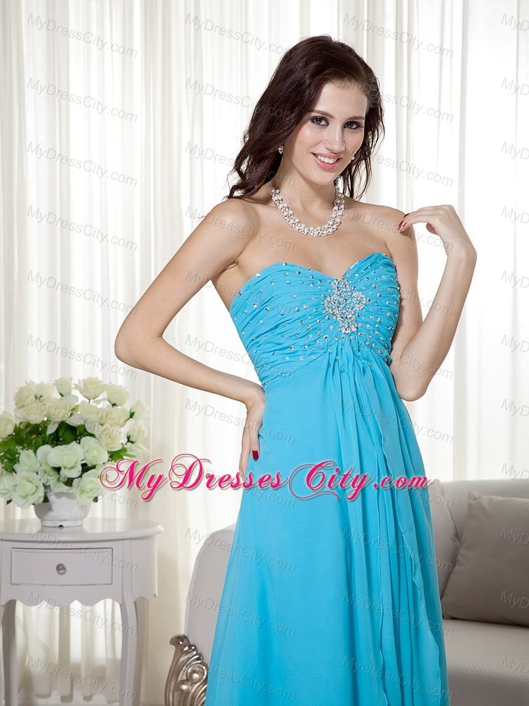 Brush Train Teal Chiffon Sweetheart Prom Dress Beaded 2013