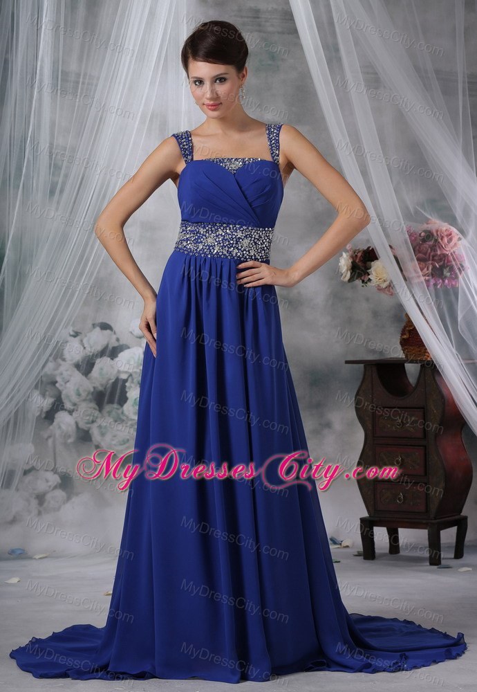 Straps Beaded Chiffon Brush Train Royal Blue Prom Dress