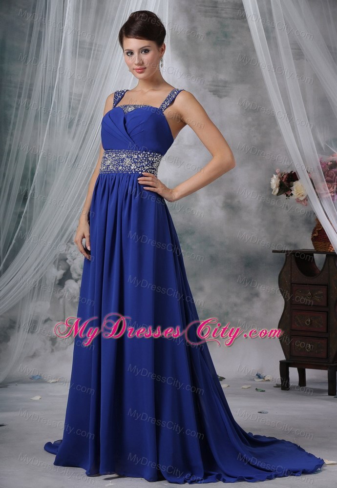 Straps Beaded Chiffon Brush Train Royal Blue Prom Dress