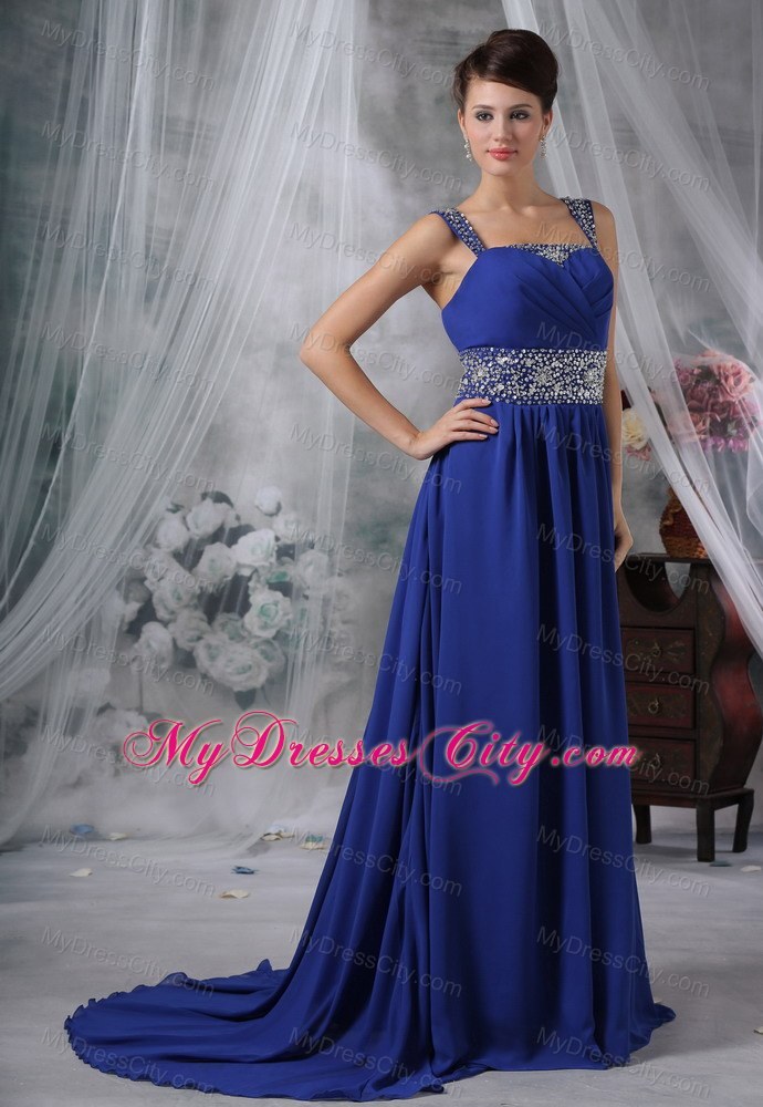 Straps Beaded Chiffon Brush Train Royal Blue Prom Dress