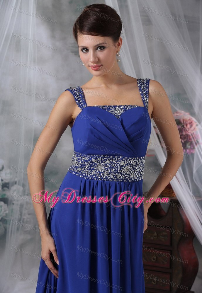 Straps Beaded Chiffon Brush Train Royal Blue Prom Dress