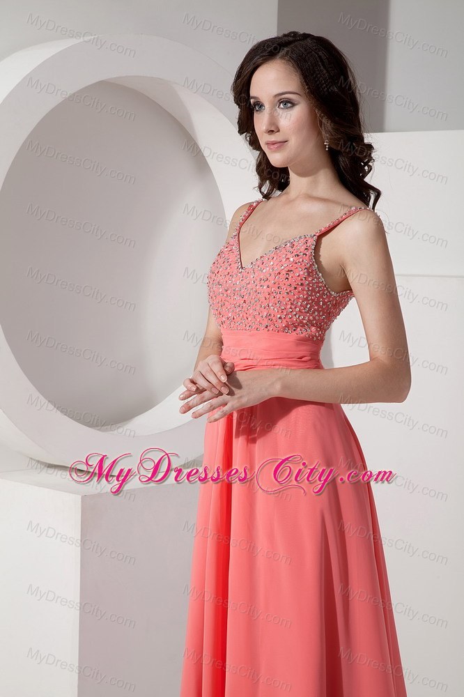 Chiffon nkle-length Watermelon Straps Prom Dress Beaded