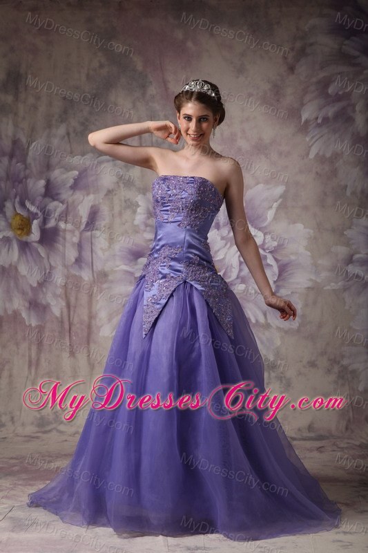 Strapless Purple A-line Appliques Prom Dress with zipper Back
