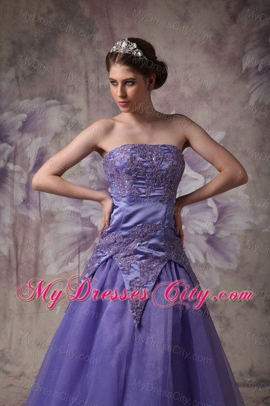 Strapless Purple A-line Appliques Prom Dress with zipper Back