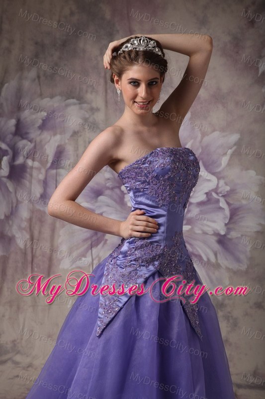 Strapless Purple A-line Appliques Prom Dress with zipper Back