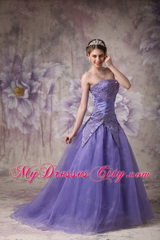 Strapless Purple A-line Appliques Prom Dress with zipper Back