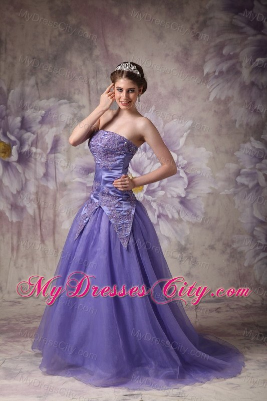 Strapless Purple A-line Appliques Prom Dress with zipper Back