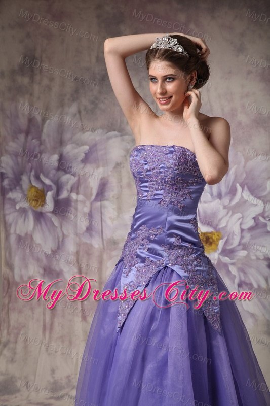 Strapless Purple A-line Appliques Prom Dress with zipper Back