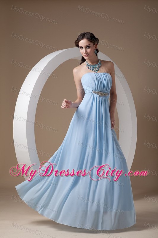 Light Blue Chiffon Empire Strapless Prom Dress with Beadwork