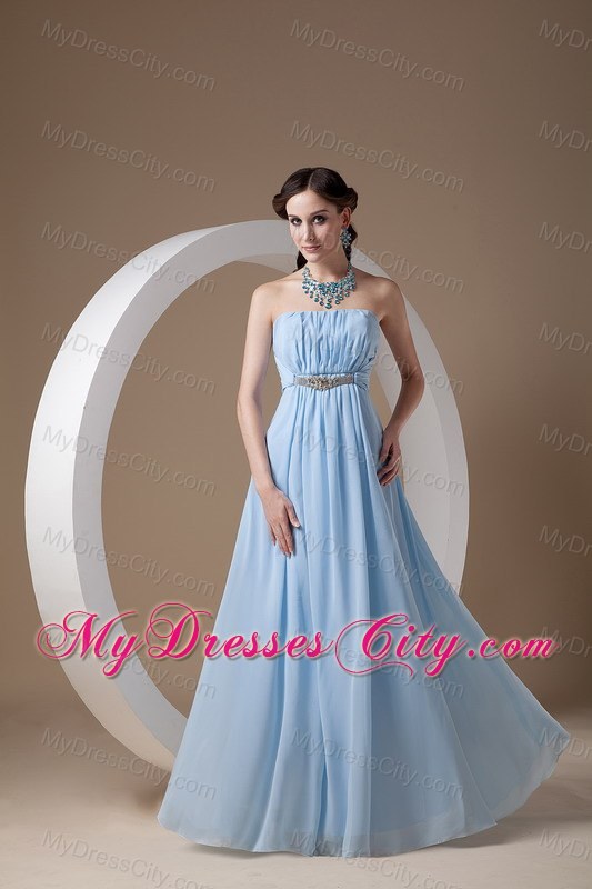 Light Blue Chiffon Empire Strapless Prom Dress with Beadwork