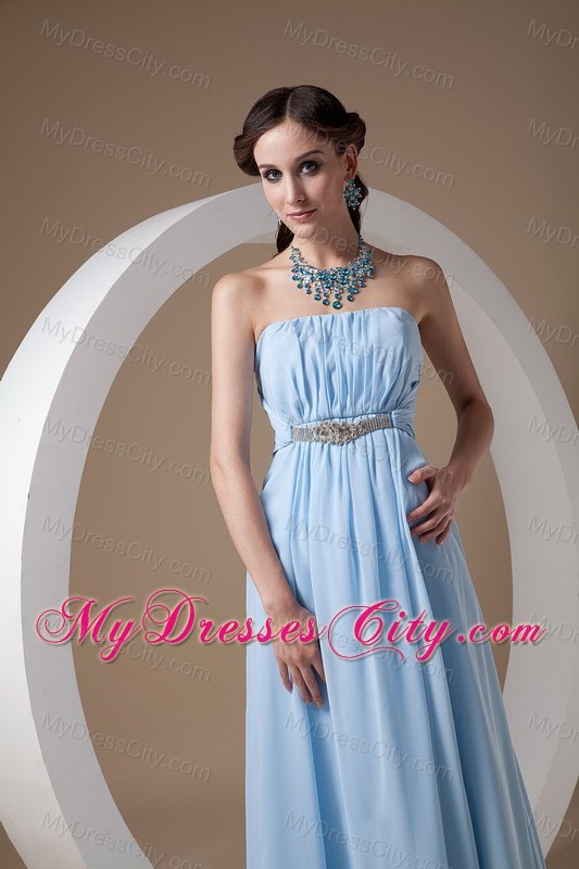 Light Blue Chiffon Empire Strapless Prom Dress with Beadwork