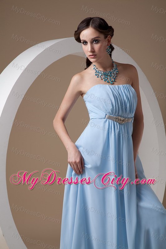 Light Blue Chiffon Empire Strapless Prom Dress with Beadwork