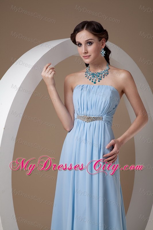 Light Blue Chiffon Empire Strapless Prom Dress with Beadwork