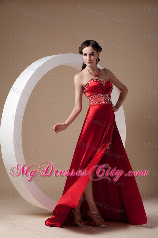 Wine Red Sweetheart Beads Brush Prom Gown with High Slit